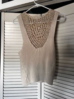Anthropologie Cream Crochet-Back Ribbed Crop Tank